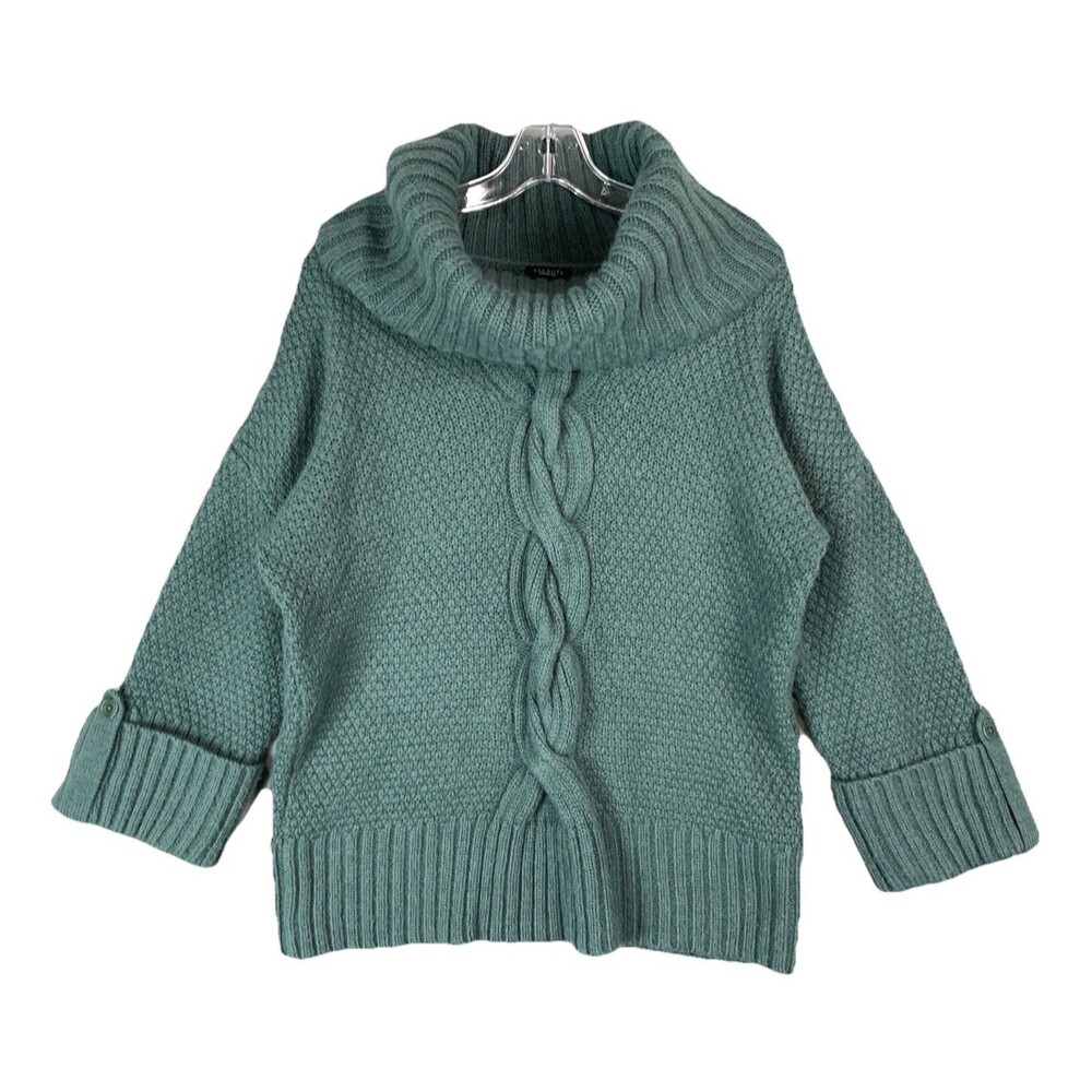 Talbots Sweater Women Small Alpaca Wool Cable Knit Sage Green Cowl Neck Oversize